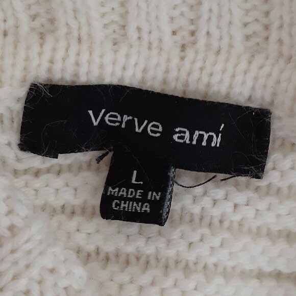 Women's "Verve Ami" Ivory Cowl Neck High-Low Cable Knit Sweater; Size L - Picture 4 of 6
